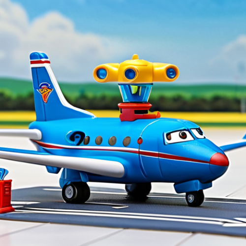 Home 4 Super Wings International Airport**
"A detailed, brightly colored Super Wings International Airport playset, featuring Jett taking off on the runway. Other Super Wings characters (Donnie, Dizzy) are visible in the background near the control tower. The scene is realistic, with attention to textures and details of the plastic toys. Safe for work, appropriate content, fully clothed, professional, perfect anatomy, correct proportions, well-formed hands, proper finger count, natural body proportions. Family-friendly."
**
